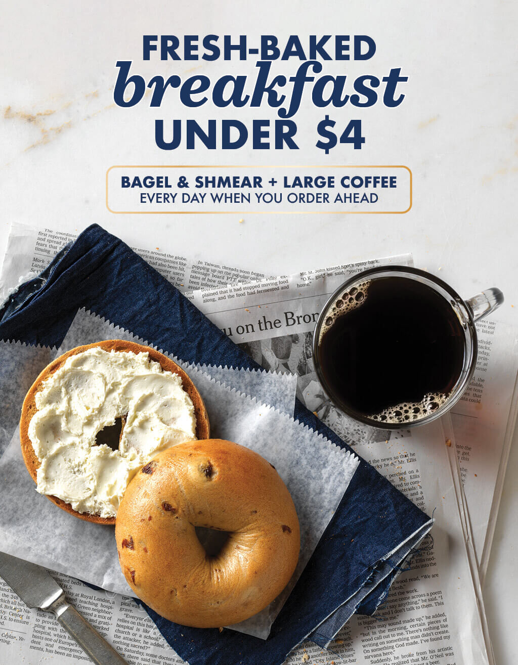 Fresh-Baked Breakfast Under $4 – Bagel & Shmear with Large Iced Coffee Every Day when you Order Ahead in the App at Noah's NY Bagels