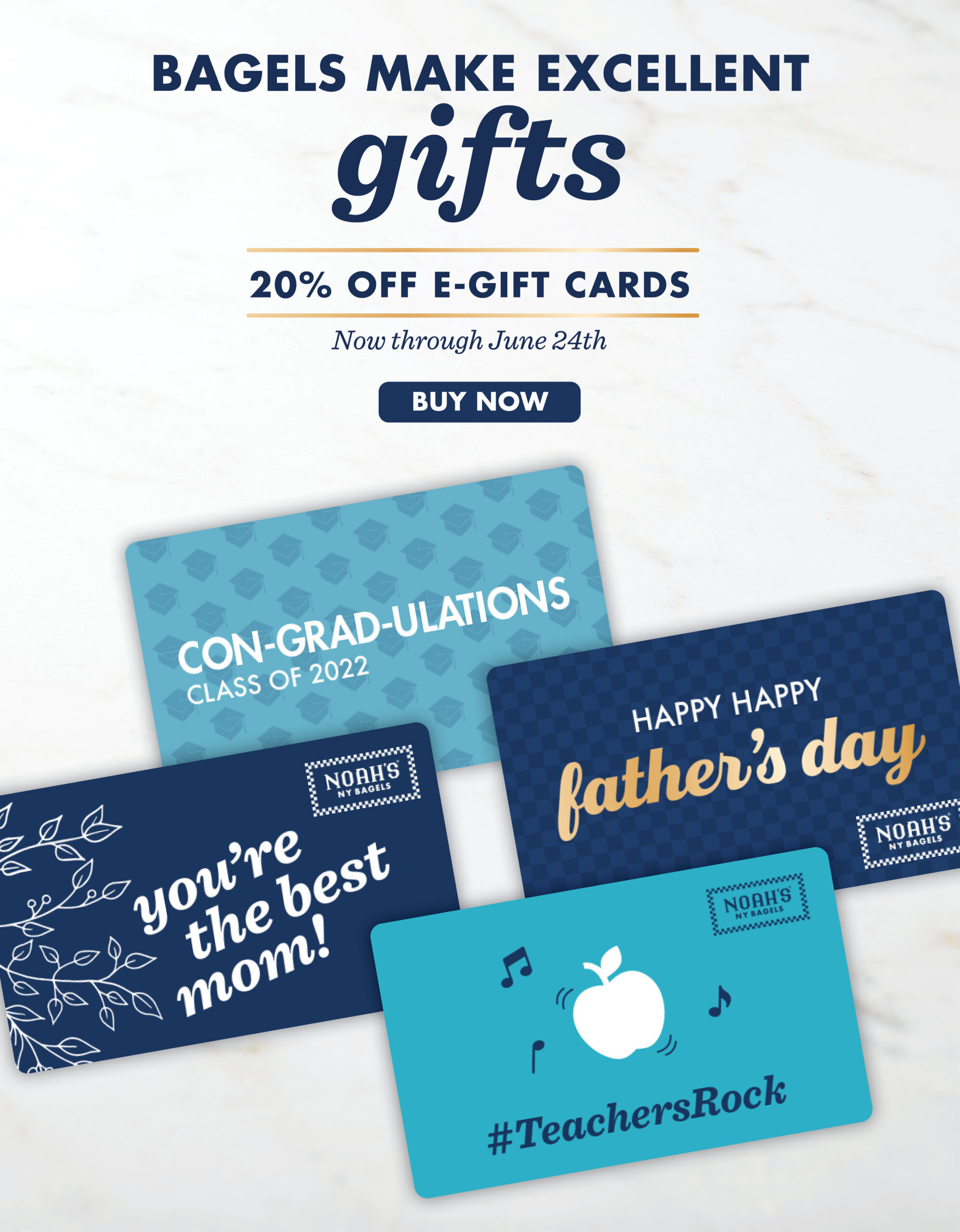 Bagels make excellent gifts. Tap to get 20% off mom, dad, grad and teacher e-gift cards now through June 24th.