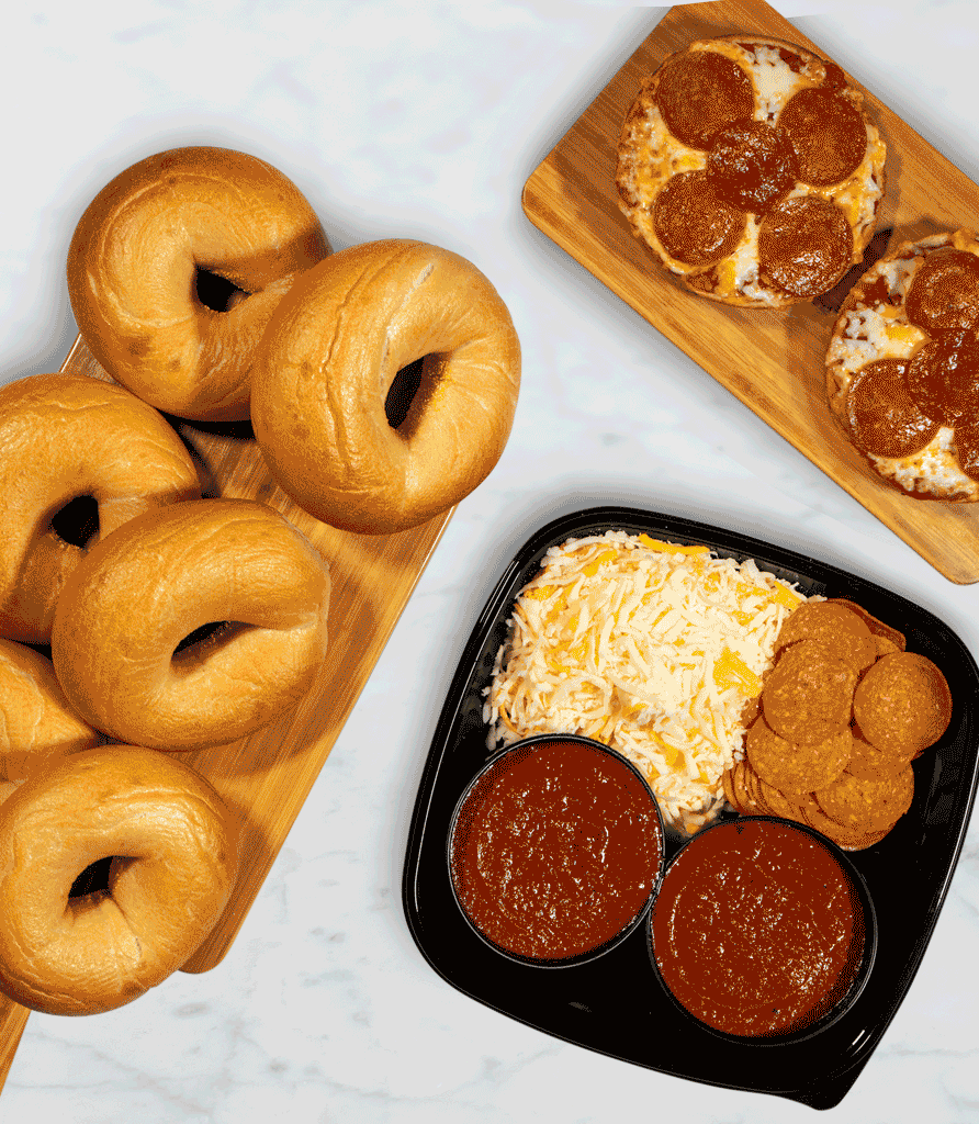 ROTATING SLIDESHOW: 1. Pizza Bagel 2. Chocolate Chip Cookies 3. Bagel Dogs